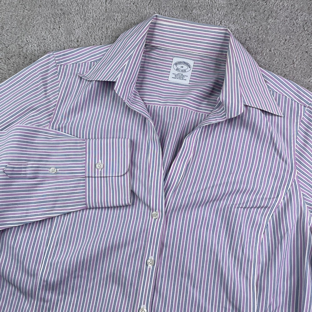 Brooks Brothers Top Womens 14 Purple Striped Fitted Non-Iron Stretch Button Up